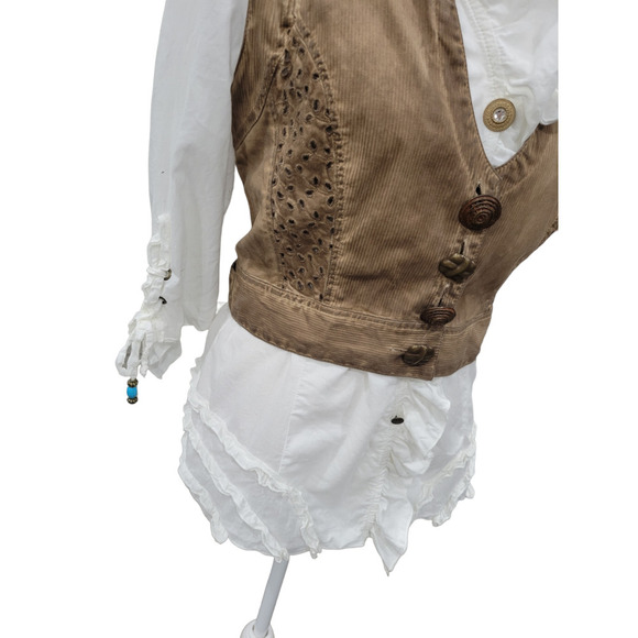 Dismero Italian Ruffle Blouse and Distressed Vest With Turquoise Accents SMALL - Picture 12 of 16